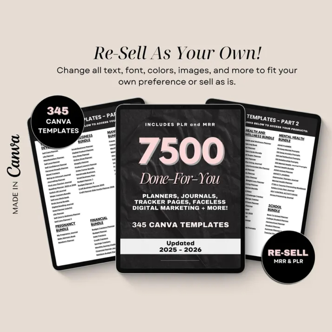 7500 Done For You PLR MRR Digital Canva Template Bundle, 2025 2026 Digital DFY Templates, Planners, Journals, Trackers, 100% Resell Rights
