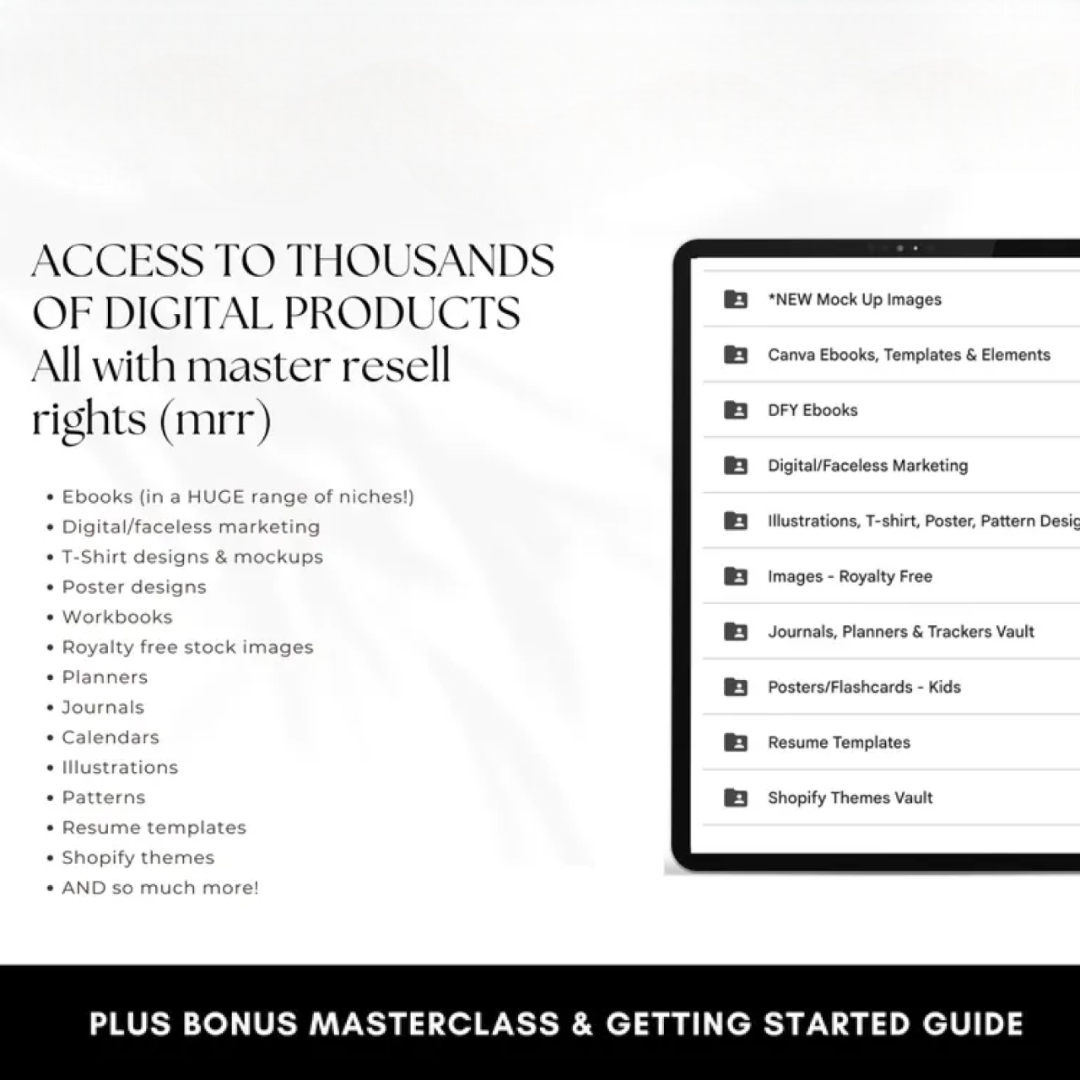 Digital Product Resell Vault, Thousands of Done-For-You Digital Products, Passive Income, Master Resell + Private Label Rights, MRR & PLR