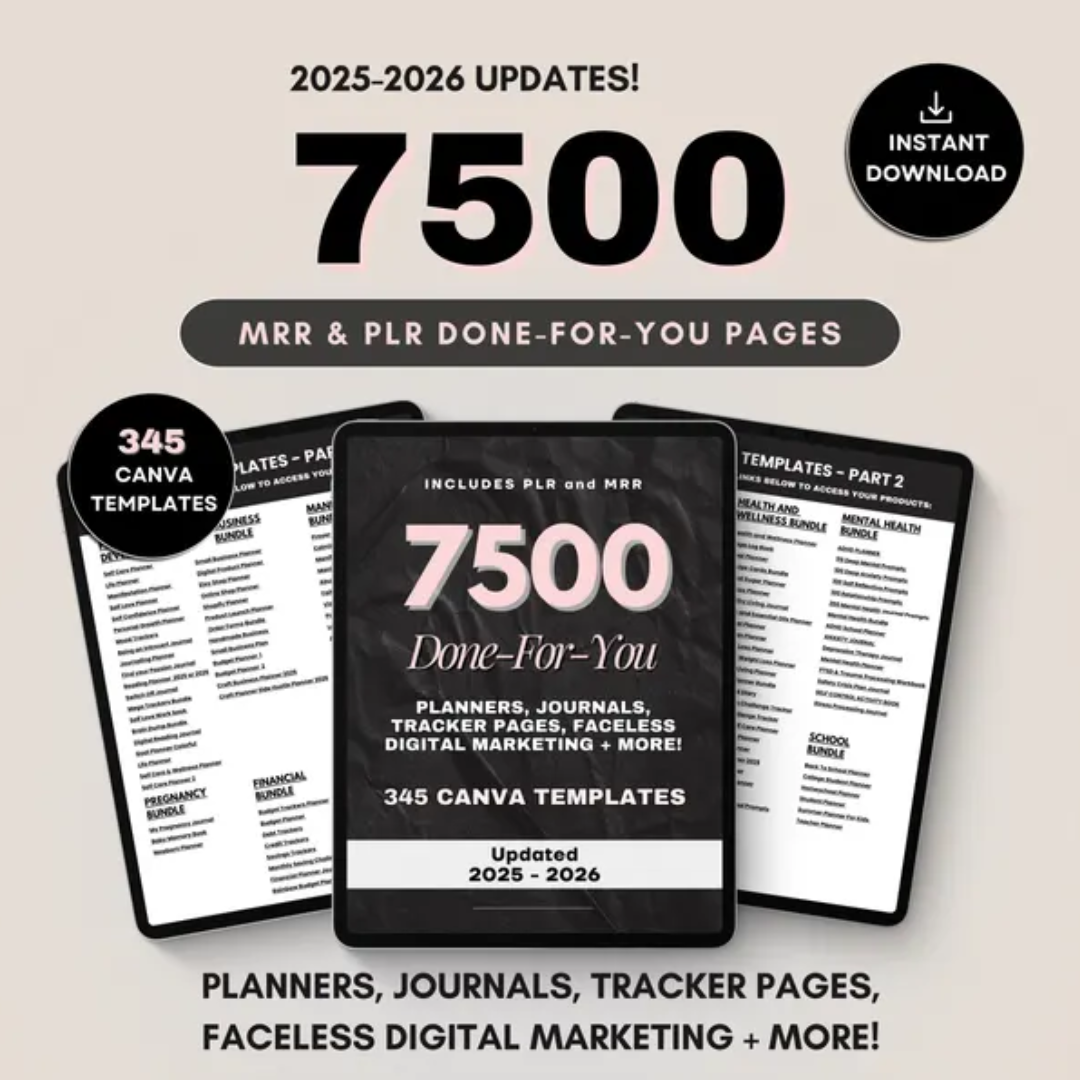7500 Done For You PLR MRR Digital Canva Template Bundle, 2025 2026 Digital DFY Templates, Planners, Journals, Trackers, 100% Resell Rights