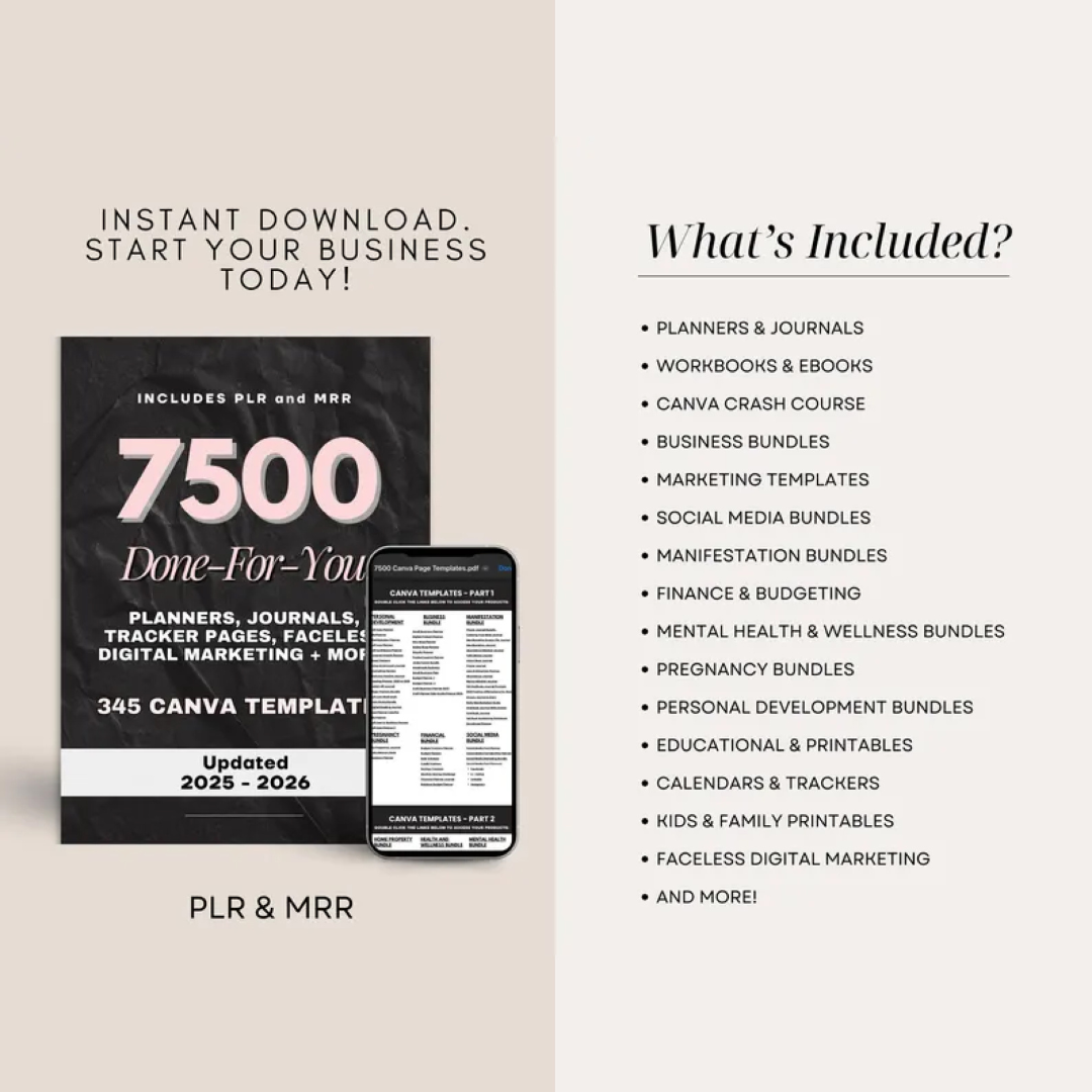 7500 Done For You PLR MRR Digital Canva Template Bundle, 2025 2026 Digital DFY Templates, Planners, Journals, Trackers, 100% Resell Rights